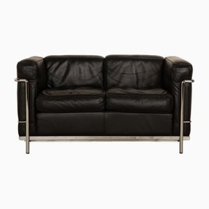 Cassina LC2 Leather Sofa in Black Two Seater in Chrome by Le Corbusier for Cassina