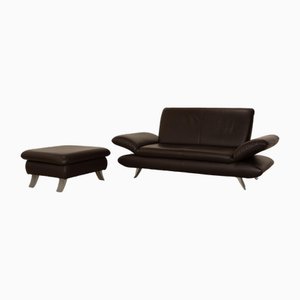 Leather Sofa Set in Dark Brown, Set of 2