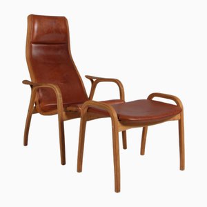 Lamino Lounge Chair with Ottoman in Patinated Leather attributed to Yngve Ekström for Swedese, 1950s