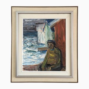 Viendo las olas, pintura al óleo, años 50, enmarcado