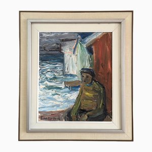 Watching the Waves, Oil Painting, 1950s, Framed