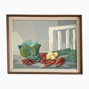 Bodegón con verduras, pintura al óleo, años 50, enmarcado