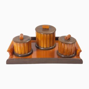Mid-Century Art Deco Style Amber Orange Bakelite Dresser Set, 1920s, Set of 4