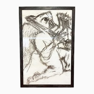 Claude Adrien Caponnetto, Composition, Charcoal on Paper, 1970s, Framed