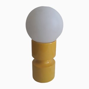 Small Vintage Table Lamp with Yellow Ceramic Base and White Spherical Plastic Shade, 1970s