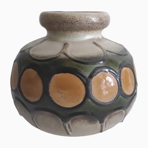 Round German Ceramic Vase in Beige-Brown Glaze with Orange Decor by Scheurich, 1970s