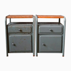 Comodini vintage industriali in metallo e quercia, anni '50, set di 2