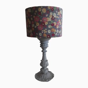 Vintage Table Lamp with Gray-Blue Lime Wood Base and Colored and Handcrafted Fabric Shade from Lamplove, 1980s