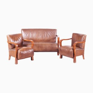 Vintage Art Deco Lounge Set in Walnut and Leather, 1930s, Set of 3