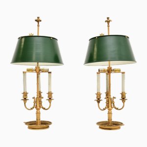 Antique Brass Table Lamps with Tole Shades, 1920, Set of 2