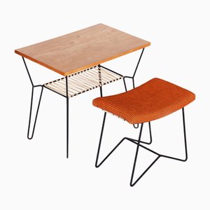 Set of Mid-Century Table with Stool in Beech and Steel, 1950s