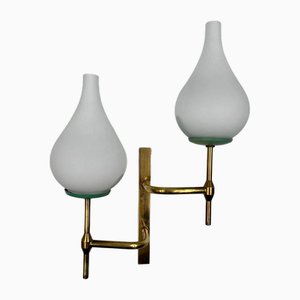 Vintage Brass and Opaline Glass Sconce in the style of Stilnovo, Italy, 1950s