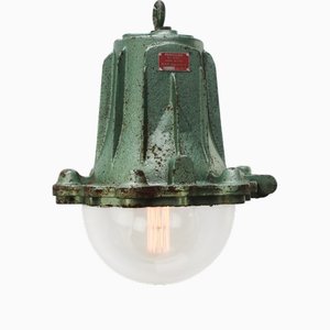 Vintage French Industrial Green Cast Iron and Clear Glass Pendant Lamp by Perfeclair, 1967