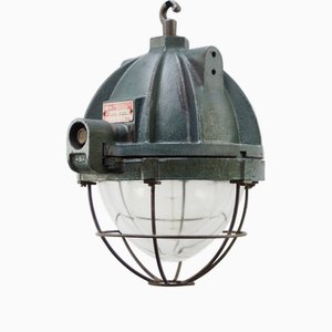 Lampe à Suspension Industrielle Vintage en Fonte Verte et Verre Clair par EEA, France
