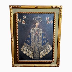 Virgen con corona, década de 1900, óleo sobre lienzo, enmarcado