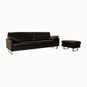 Conseta Leather Three Seater Black Sofa and Stool from Cor, Set of 2