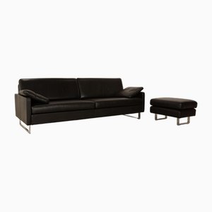 Schwarzes Conseta Drei-Sitzer Ledersofa & Hocker von Cor, 2er Set