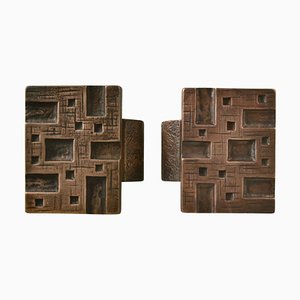 Brutalist Bronze Rectangular Push & Pull Door Handles in Geometric Relief, 1970s, Set of 2