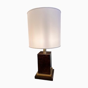 Glazed Brown Parchment and Brass Table Lamp with White Lampshade attributed to Aldo Tura, 1970s
