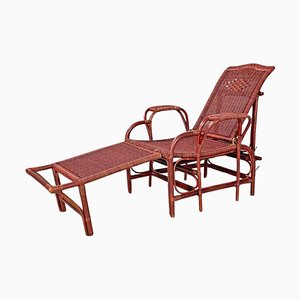 Italian Modern Dark Red Rattan Armchair 981 with Footrest attributed to Bonacina, 1980s