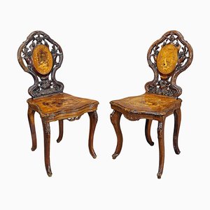 Walnut Edelweis Marquetry Chairs from Swiss Brienz, 1890s, Set of 2