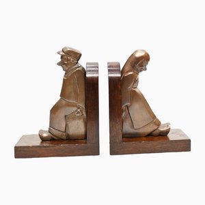 Serre-Livres en Bois Sculpté et Bronze, Set de 2