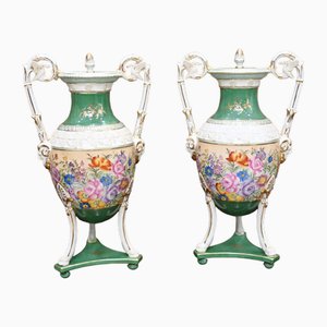 French Porcelain Floral Urns Jp Limoges Vases, Set of 2