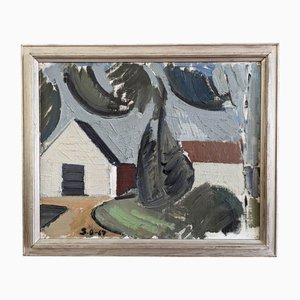 House by the Trees, Dipinto a olio, anni '50, Incorniciato