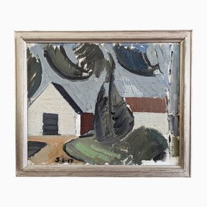 House by the Trees, Oil Painting, 1950s, Framed