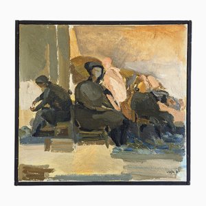 Seated Trio, Oil Painting, 1950s, Framed