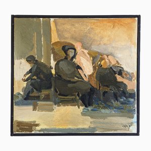 Trio seduto, dipinto a olio, anni '50, con cornice