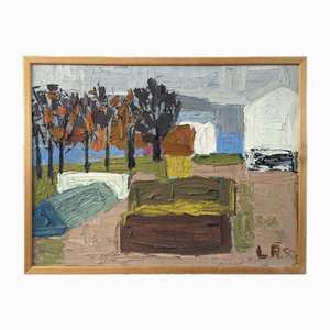 Parcela de huerto, pintura al óleo, años 50, enmarcado