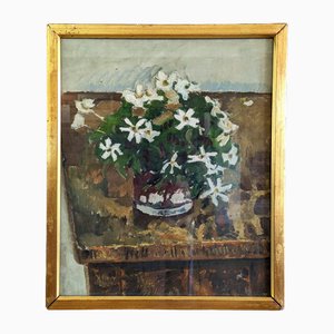 Vase à Fleurs, Peinture à l'Huile, 1950s, Encadré