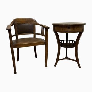 Antique Chair with Side Table in Oak, Set of 2