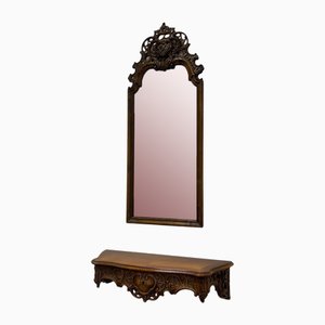 Miroir Antique avec Table Console en Noyer, Set de 2