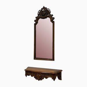 Antique Mirror with Console in Walnut, Set of 2