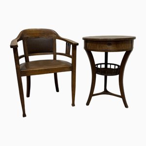 Antique Chair with Side Table in Oak, Set of 2