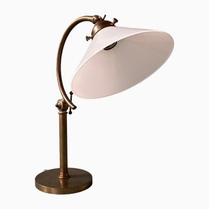 Lampe de Bureau Vintage en Laiton & Abat-Jour en Verre Blanc