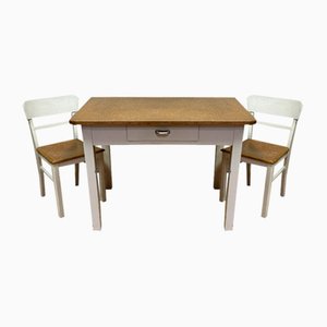 Table Vintage avec 2 Chaises Blanc Crème avec Liège, 1950s