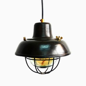 Small Patinated Steel Pendant Light with Lampshade, 1950s