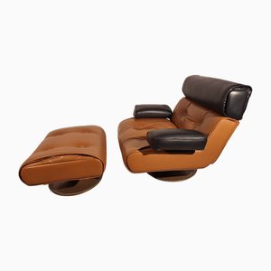 PA103 Armchair with Pouf in Brown Leather by Osvaldo Borsani for Tecno, 1960s, Set of 2