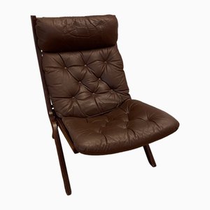 Brown Leather High Back Uno Folding Lounge Chair by Ekornes, 1970s
