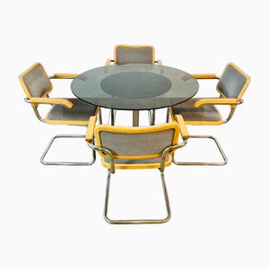 Vintage Glass Circular Dining Table and Armchairs by Marcel Breuer, 1970s, Set of 5