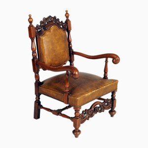 Antique Throne Chair in Testolini Frères Leather Upholster, 1990s