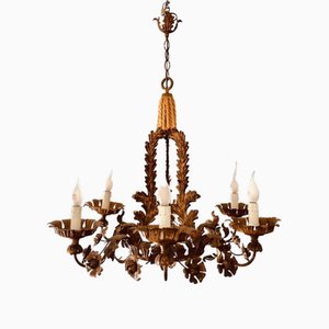 Florentine Chandelier with Leaves and Flowers in Golden Iron, 1880s