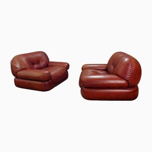 Large Italian Leather Lounge Chairs by Sapporo for Mobil Girgi, 1970s, Set of 2