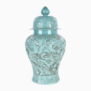 Asiatische Türkisfarbene Porzellanvase mit Deckel