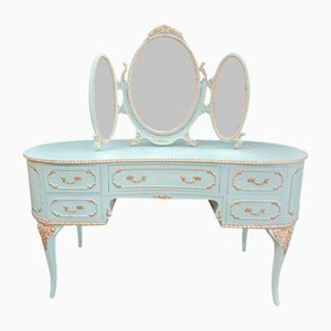 Vintage Country French Dressing Table in Mint + Gold + Triple Mirror in the style of Queen Anne, 1980s