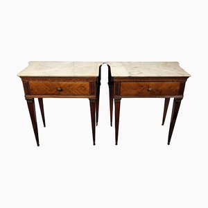 Italian Art Deco Marquetry Wood and Marble Top Nightstands, 1950s, Set of 2