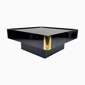 Mid-Century Coffee Table in Lacquered Wood and Brass, 1970s